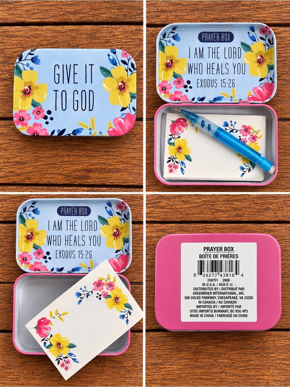 Prayer Box Tin with Floral Design - Pink & Light Blue